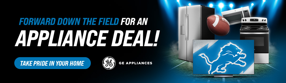 ABC Warehouse game day appliance deals featuring GE Appliances refrigerator, range, and microwave with Detroit Lions football theme.