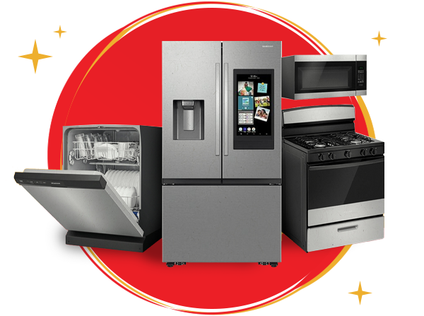 Appliance package graphic featuring a smart refrigerator, gas range, microwave, and dishwasher on a red background for ABC Warehouse appliance promotions.